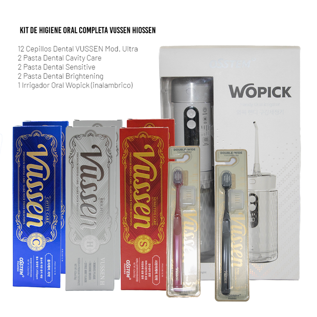Kit de Higiene Oral Completa Vussen Hiossen – Cepillos Ultra + Pastas Premium + Irrigador Inalámbrico